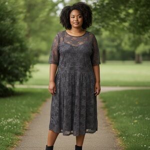 Catherines Charcoal Gray Lace Midi Dress with Sheer Elbow Sleeves